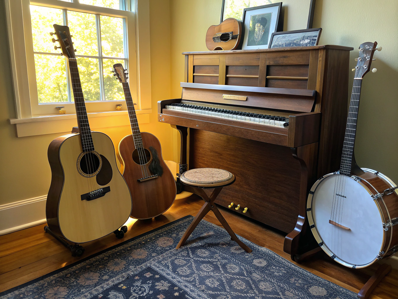 Instruments traditionnels acoustiques et ambiance au coin du feu